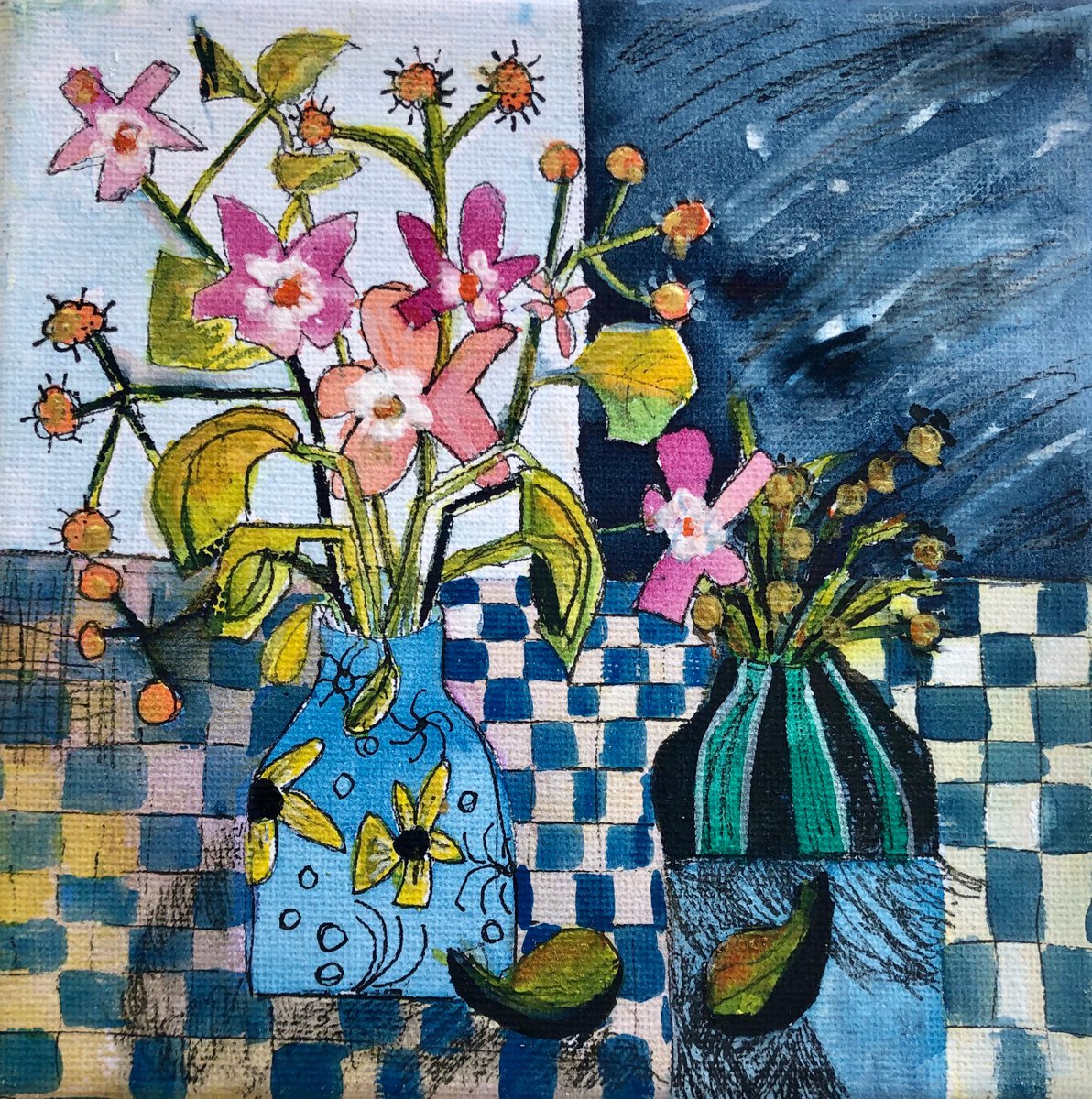 Pink Flowers in a Blue Vase by Bee Inch