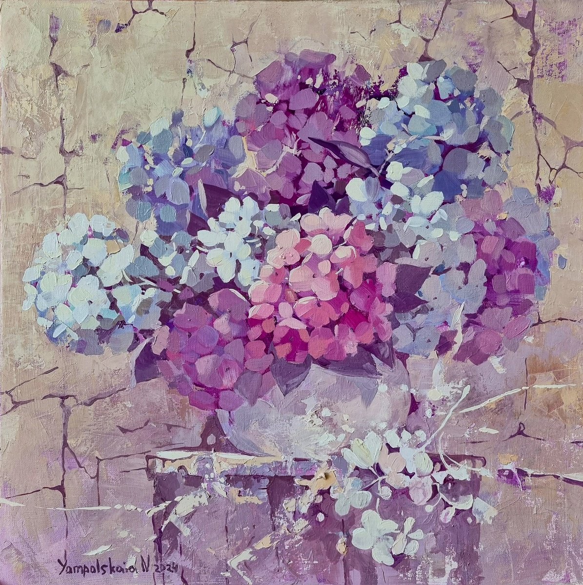 Impressionistic Still Life Oil Painting By Natalia Yampolskaia, 20 X 20", Hydrangeas, Original Artwork