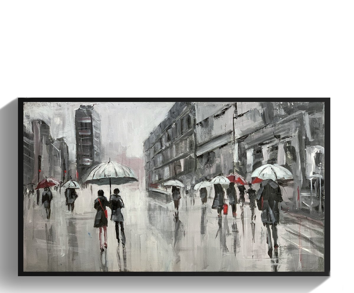 People In A Rainy City. By Vita Schagen, 28 X 16, Artwork For Sale On Artfinder