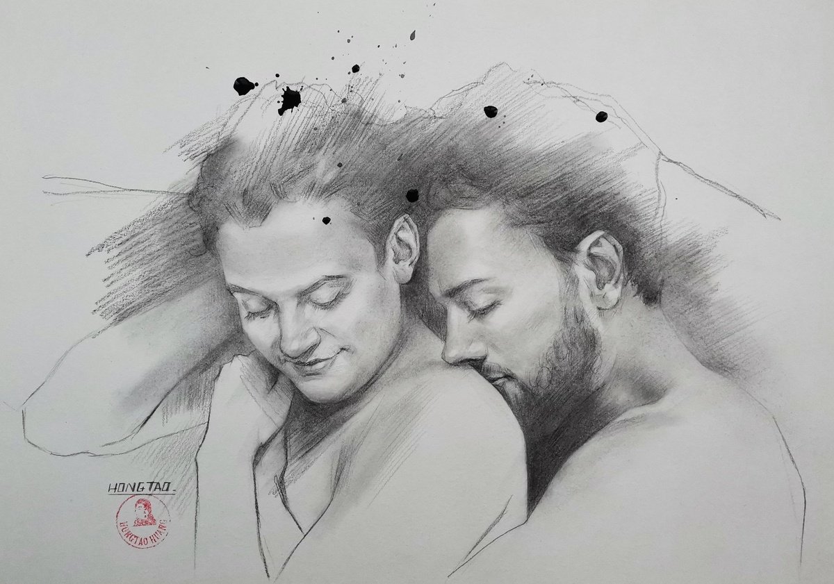 Typographic Portrait Pencil Drawing By Hongtao Huang, 11 X 7, Snuggle, Original Artwork