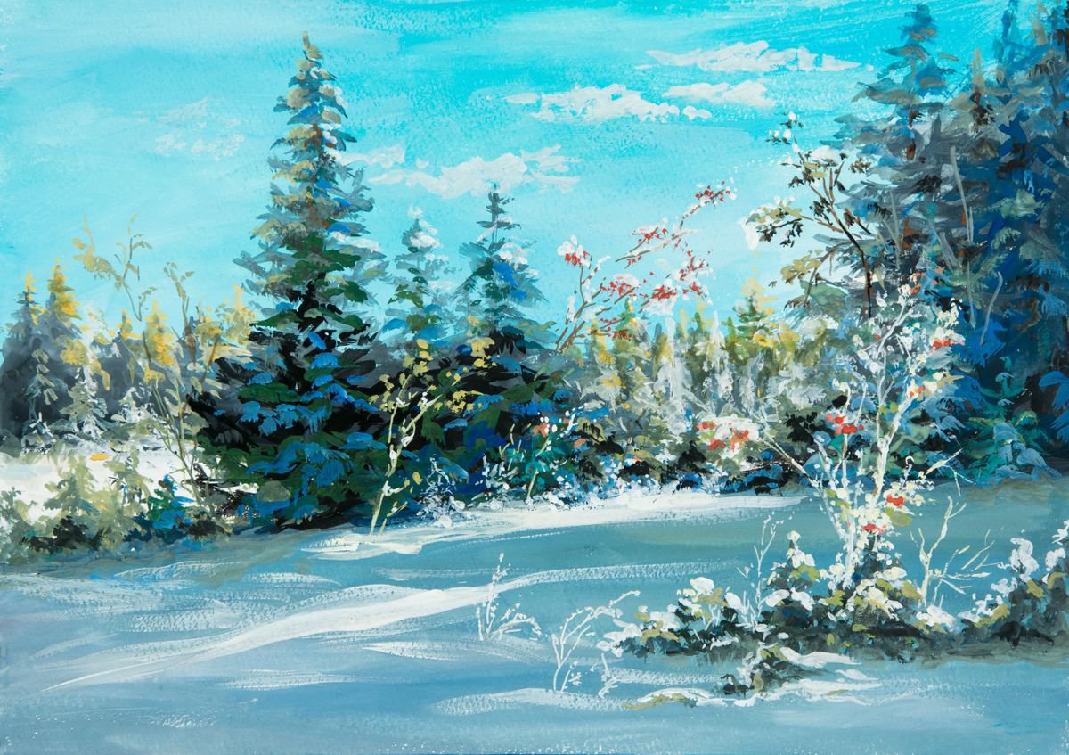 Impressionistic Landscape Painting By Galyna Shevchencko, 17 X 12, Winter Etude, Original Artwork