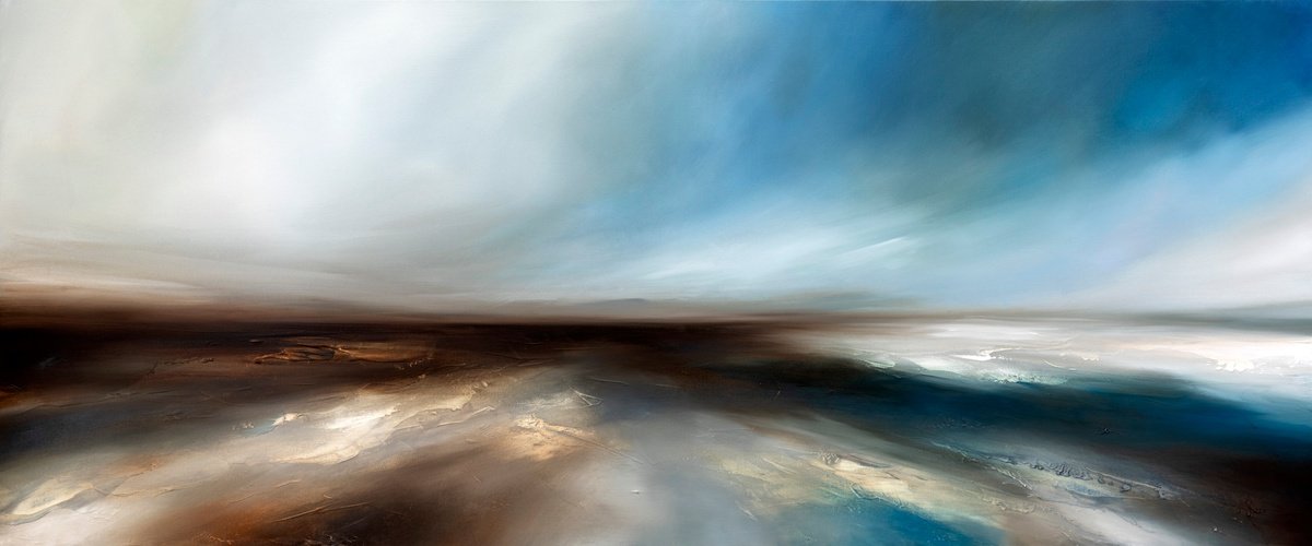 Abstract Landscape Oil Painting By Paul Bennett, 49 X 21", Horizon Rains, Original Artwork