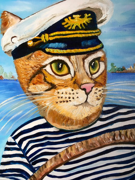 Troy The  Cat- Captain  oil painting for cat lovers.