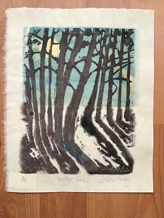 Winter Trees unique lino print