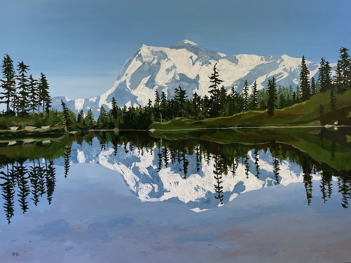 Photorealistic Landscape Acrylic Painting By Anne Shaughnessy, 40 X 30, Mountain Reflections, Original Artwork