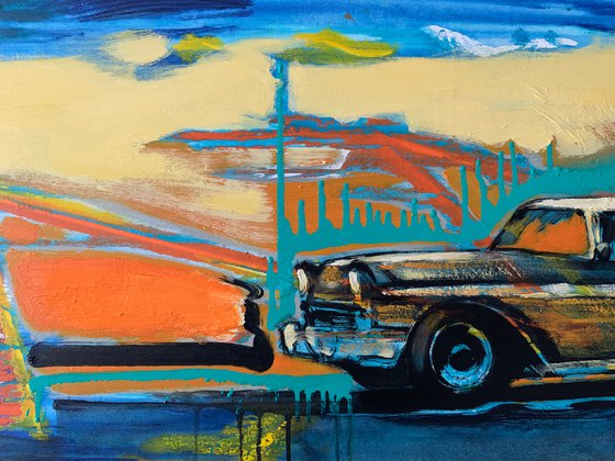 Horizontal bright painting - "Orange car" - Pop Art - Old school - Retro - Transport