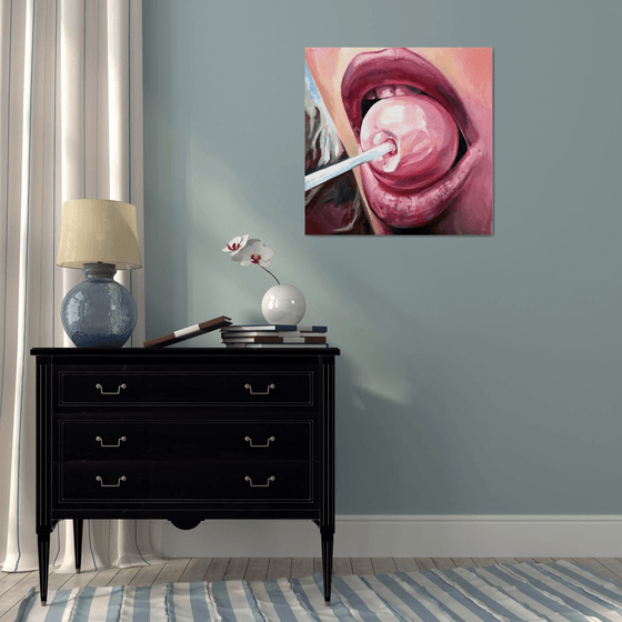 CHUPA CHUPS - original oil painting, pink, lips, gift, home decor, office decor, wall art,