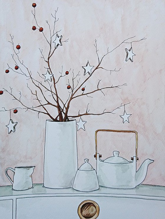 Still life with white ceramics. Watercolor portrait painting.