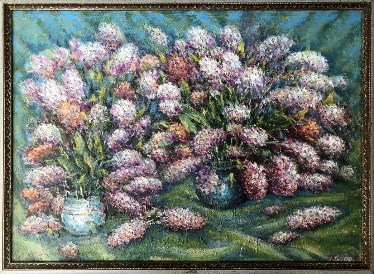 Impressionistic Still Life Oil Painting By Ivan Shapoval, 34 X 24, Lilac Idyll, Original Artwork