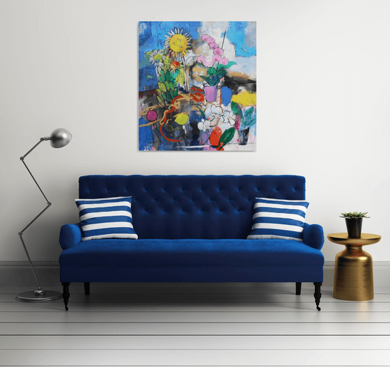 Sunflowers. Orchids. Fruits