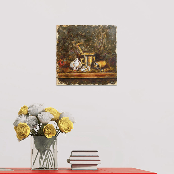 Garlic and a copper mortar