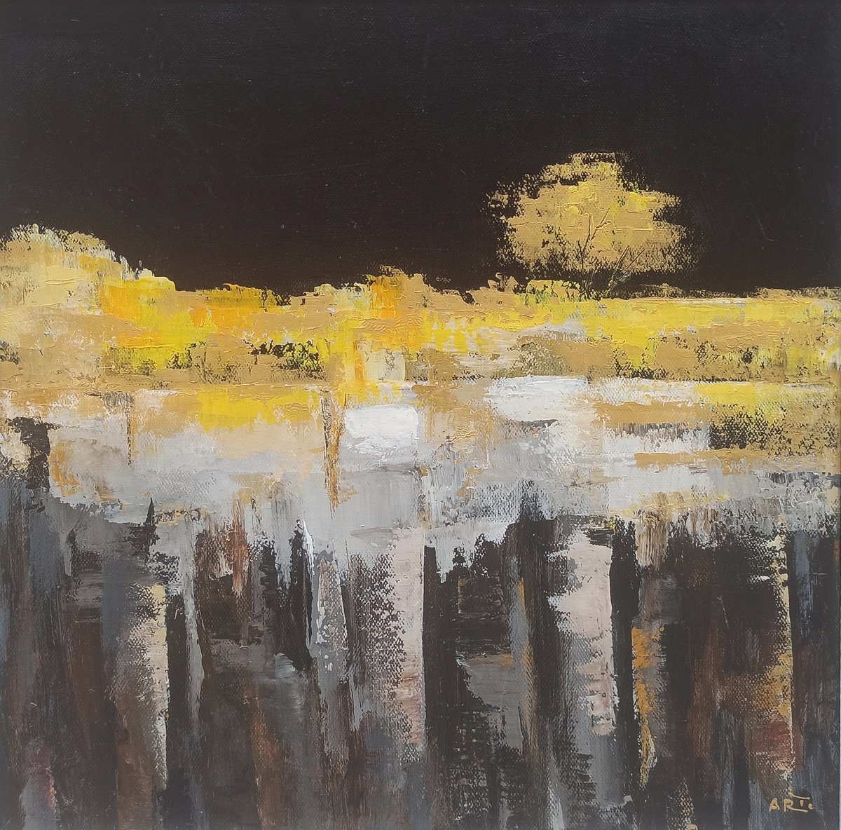 Abstract Oil Painting By Arto Mkrtchyan, 16 X 16, Midnight Luster, Original Artwork