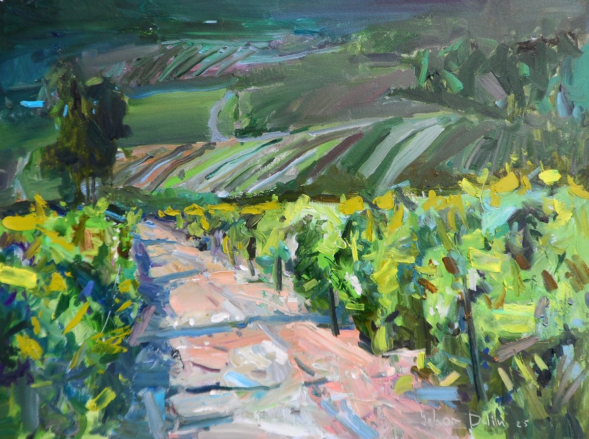 Impressionistic Landscape Oil Painting By Yehor Dulin, 16 X 12", " Vineyards ", Original Artwork