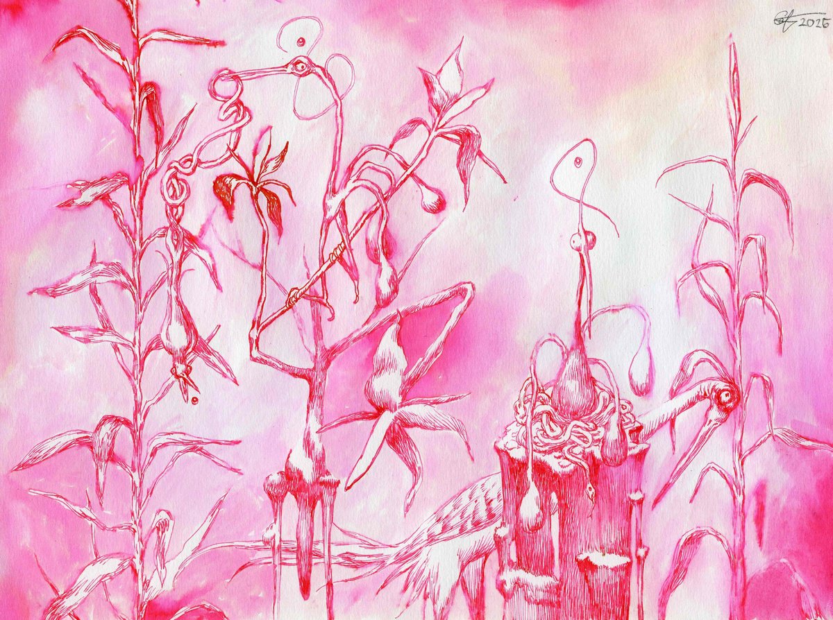 Surrealistic Ink Drawing , Bird Diet By Polina Salenko, 12 X 8, Artwork For Sale On Artfinder