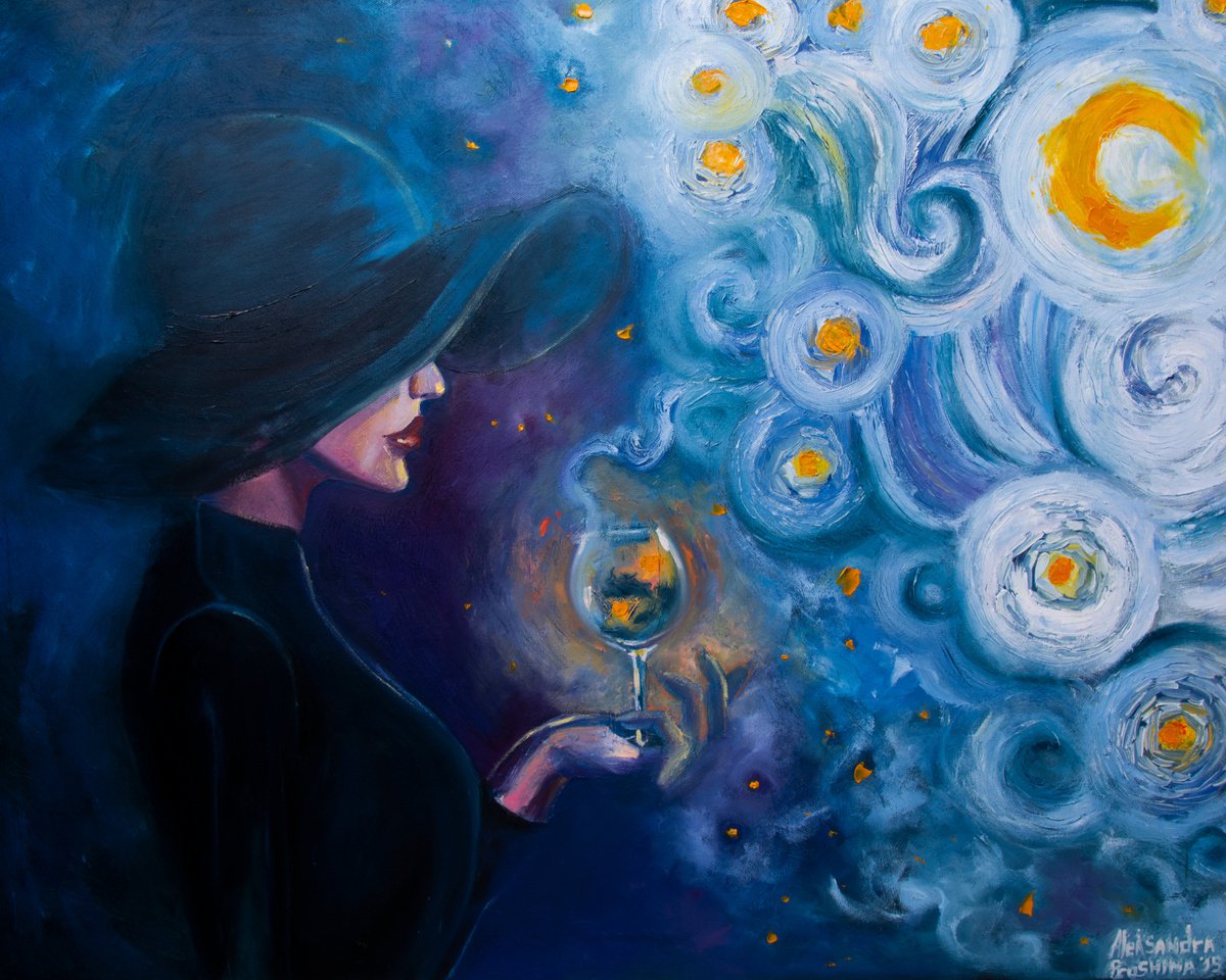 One sip of starry night- painting on canvas woman blue freedom infinity starry night moon... by BEYBUKA