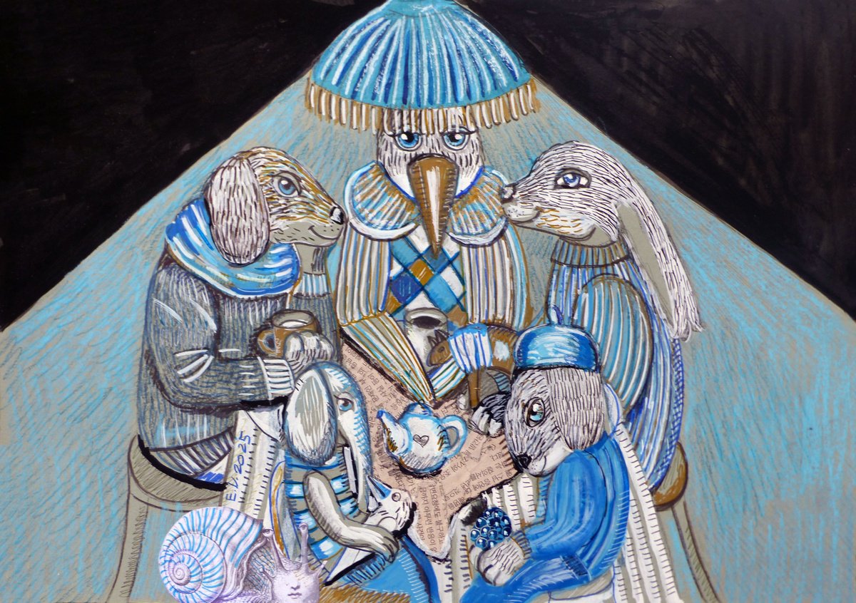Surrealistic Painting , Tea Of The Silent Ones By Elizabeth Vlasova, 17 X 12, Artwork For Sale On Artfinder