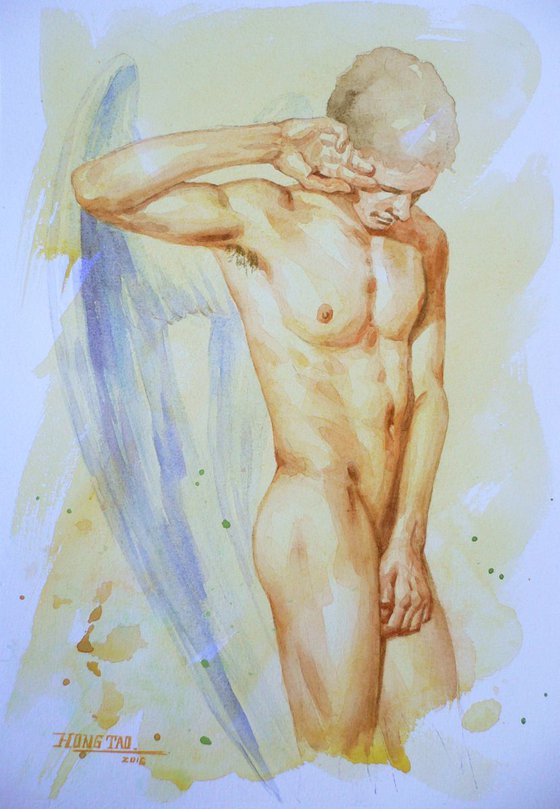 original art watercolour painting angel of  male nude on paper #16-5-3-02