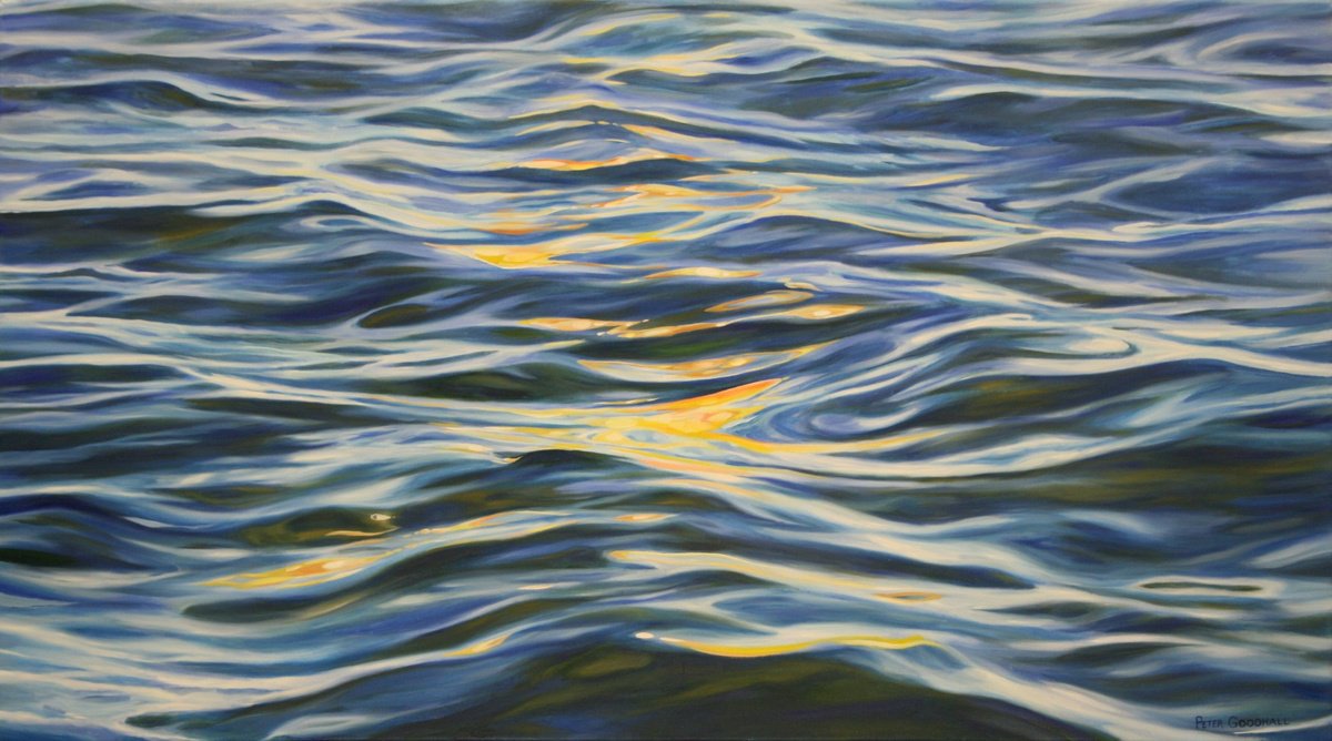 Photorealistic Landscape Oil Painting By Peter Goodhall, 36 X 20", Sunlight Reflections, Original Artwork