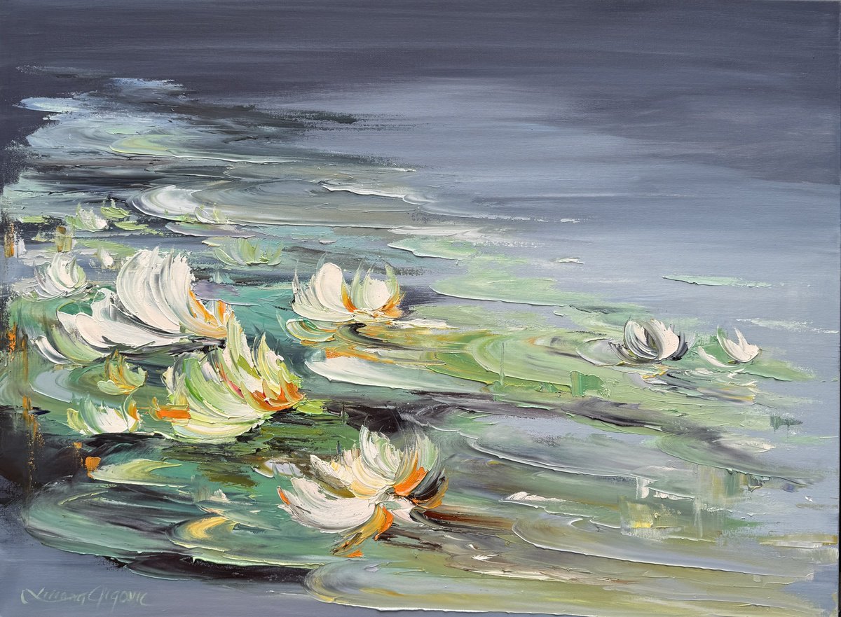 Impressionistic Botanical Oil Painting By Liliana Gigovic, 40 X 30", Water Lilies No 191, Original Artwork