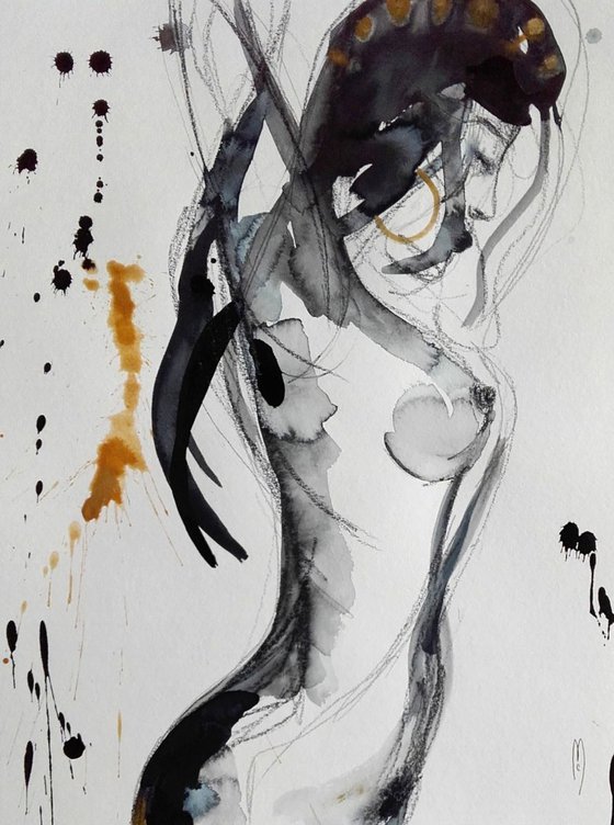 Nude Woman Painting Watercolor and Ink