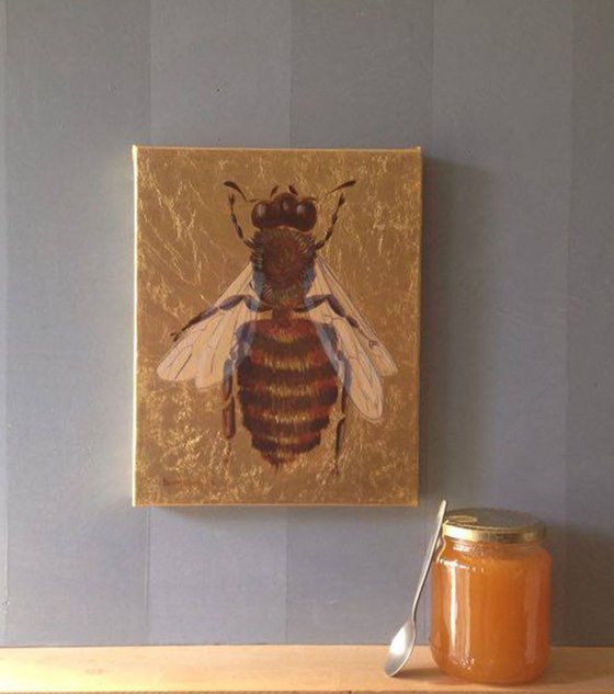 My Big Golden Bee Oil Painting on Lacquered Golden Leaf Canvas Frame