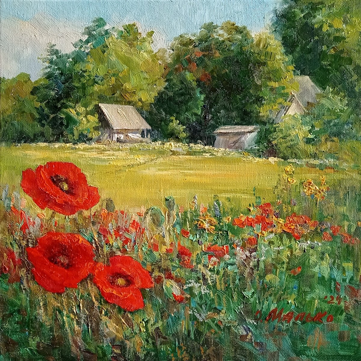 Impressionistic Landscape Oil Painting By Olha Malko, 12 X 12", Old Barns, Original Artwork