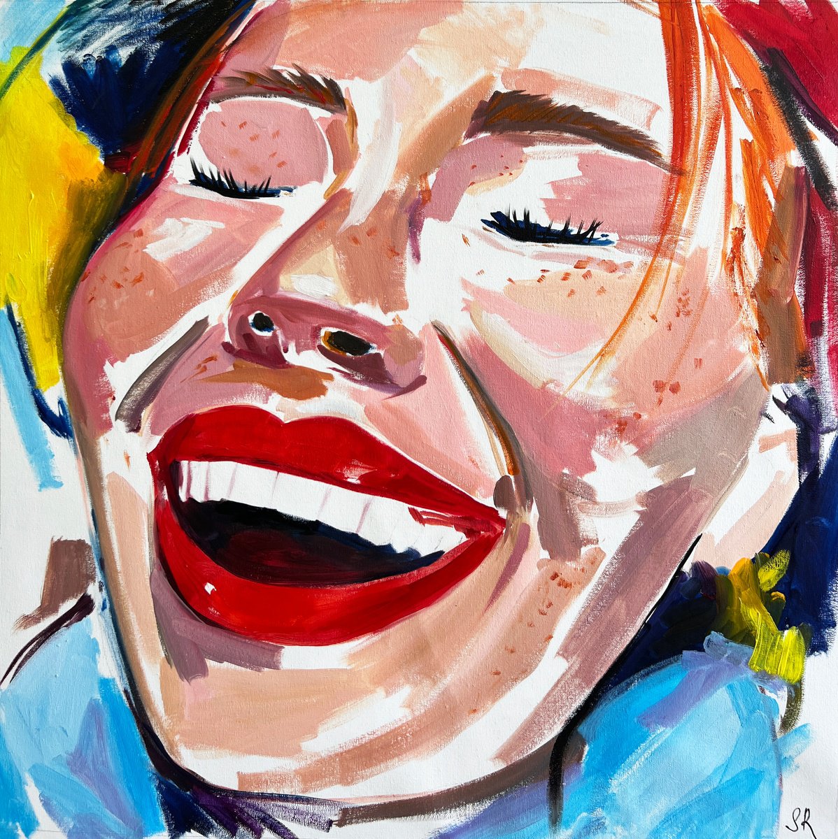 GINGER WOMAN SMILING - large oil painting, red, yellow and blue by Sasha Robinson