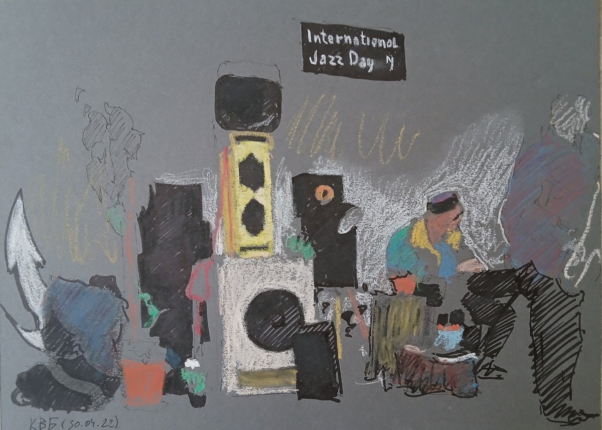 Graphic Cityscapes Pastel Drawing By Vasyl Koval, 12 X 8", International Jazz Day, Original Artwork