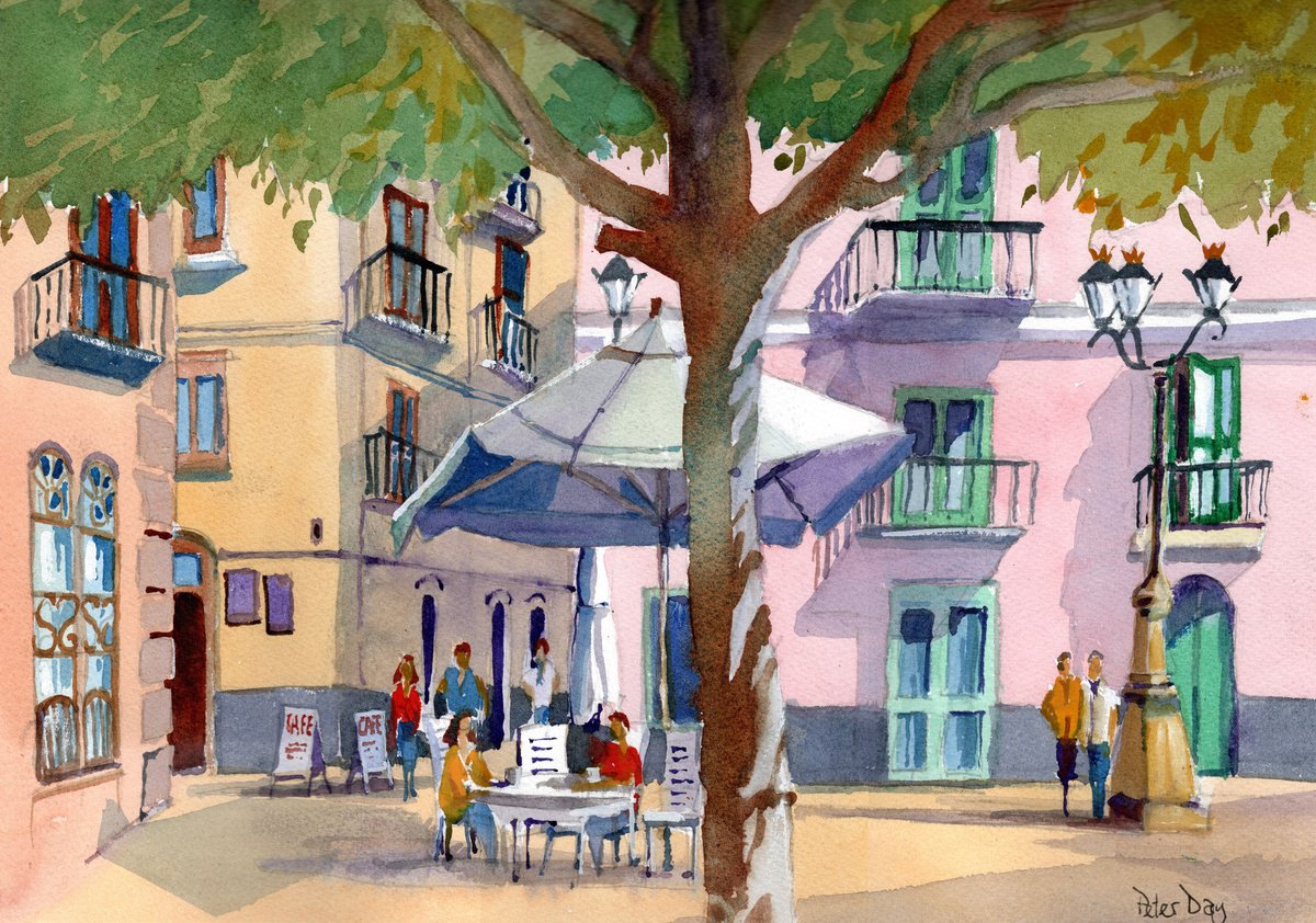 Impressionistic Cityscapes Watercolour By Peter Day, 17 X 13", Cadiz, Plaza Candelaria, Spain, Original Artwork
