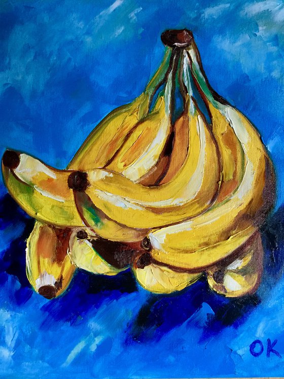 Bananas on  turquoise  Still life. Palette knife painting on linen canvas