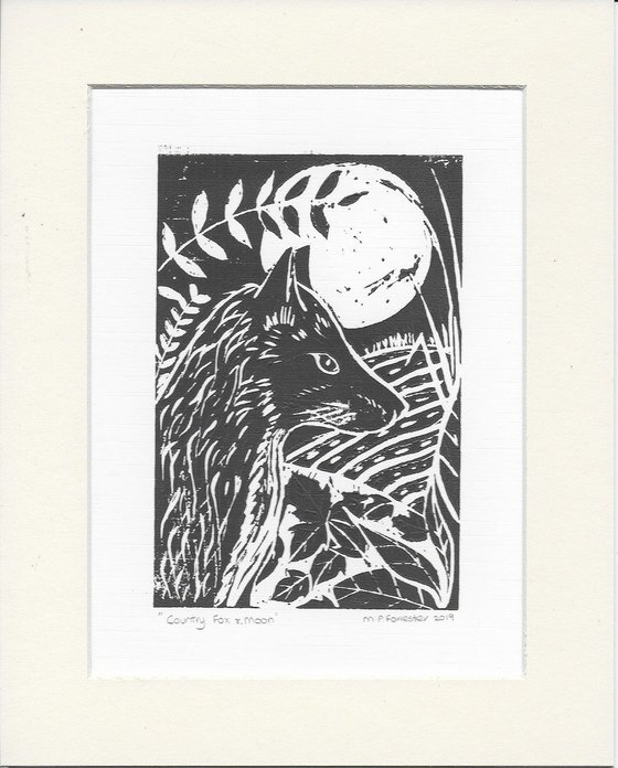 Country Fox and Moon - Original Lino Print