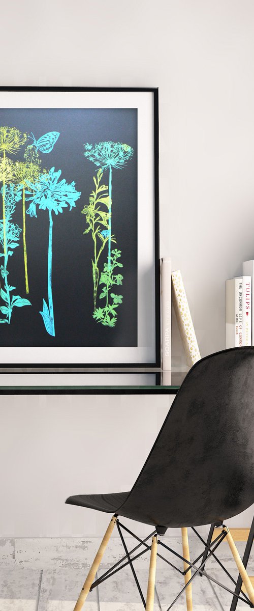 Flora and fauna (fresh green/blue tones on Black Russian cardstock #1) by Carolynne Coulson