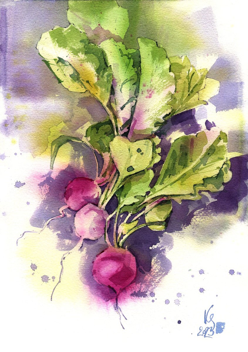 Bunch of radishes - Original watercolor painting by Ksenia Selianko