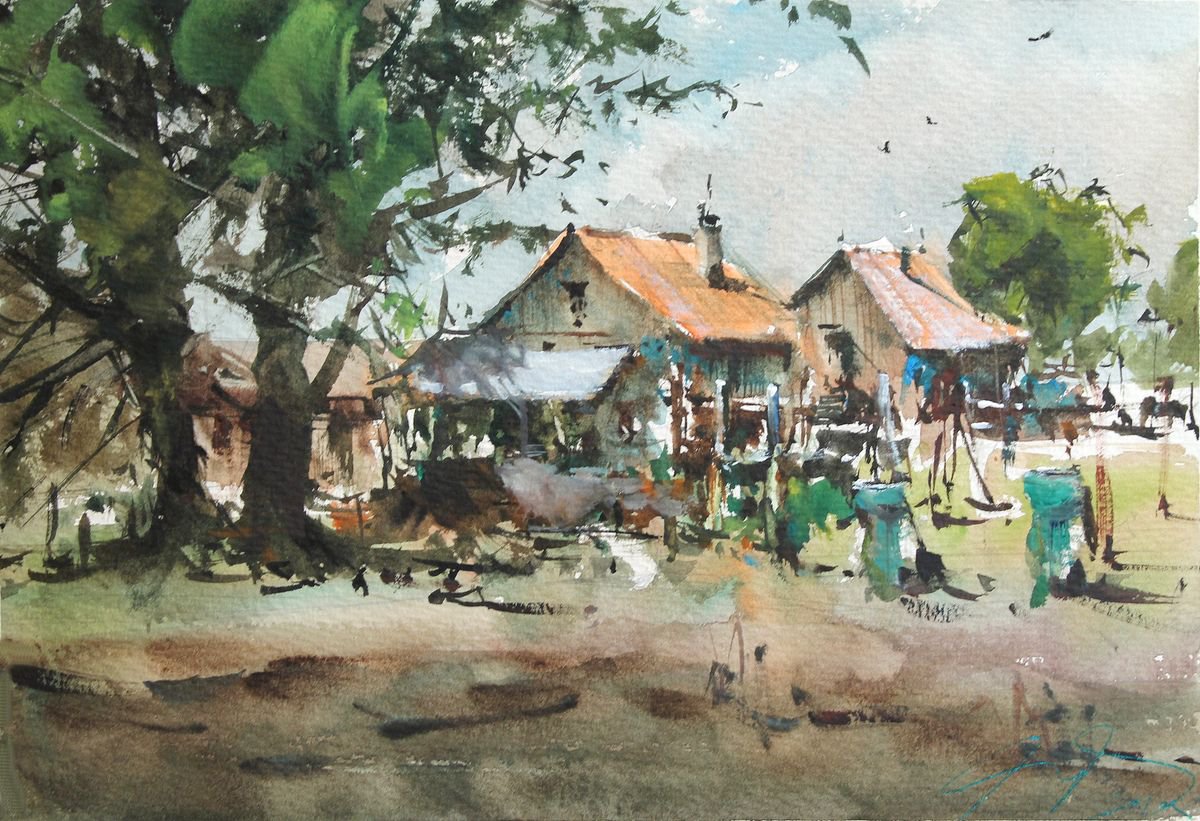 Impressionistic Landscape Watercolour By Maximo Damico, 12 X 9", Moravia Country House, Original Artwork