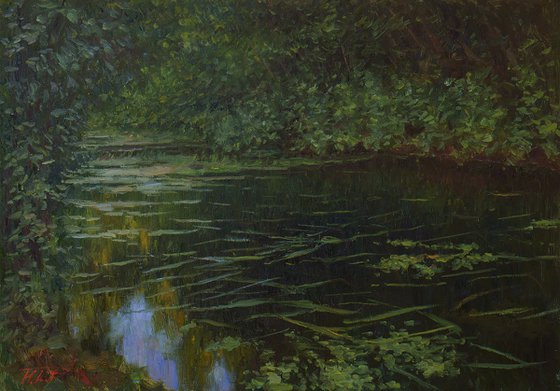 The Evening Slough - river summer landscape painting