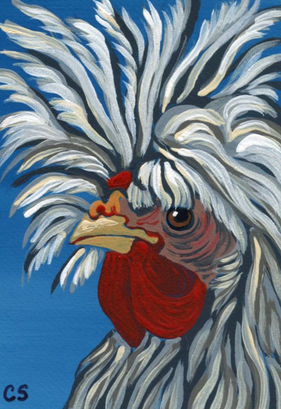 ACEO ATC Original Miniature Painting Fancy Chicken Farmyard Art-Carla Smale