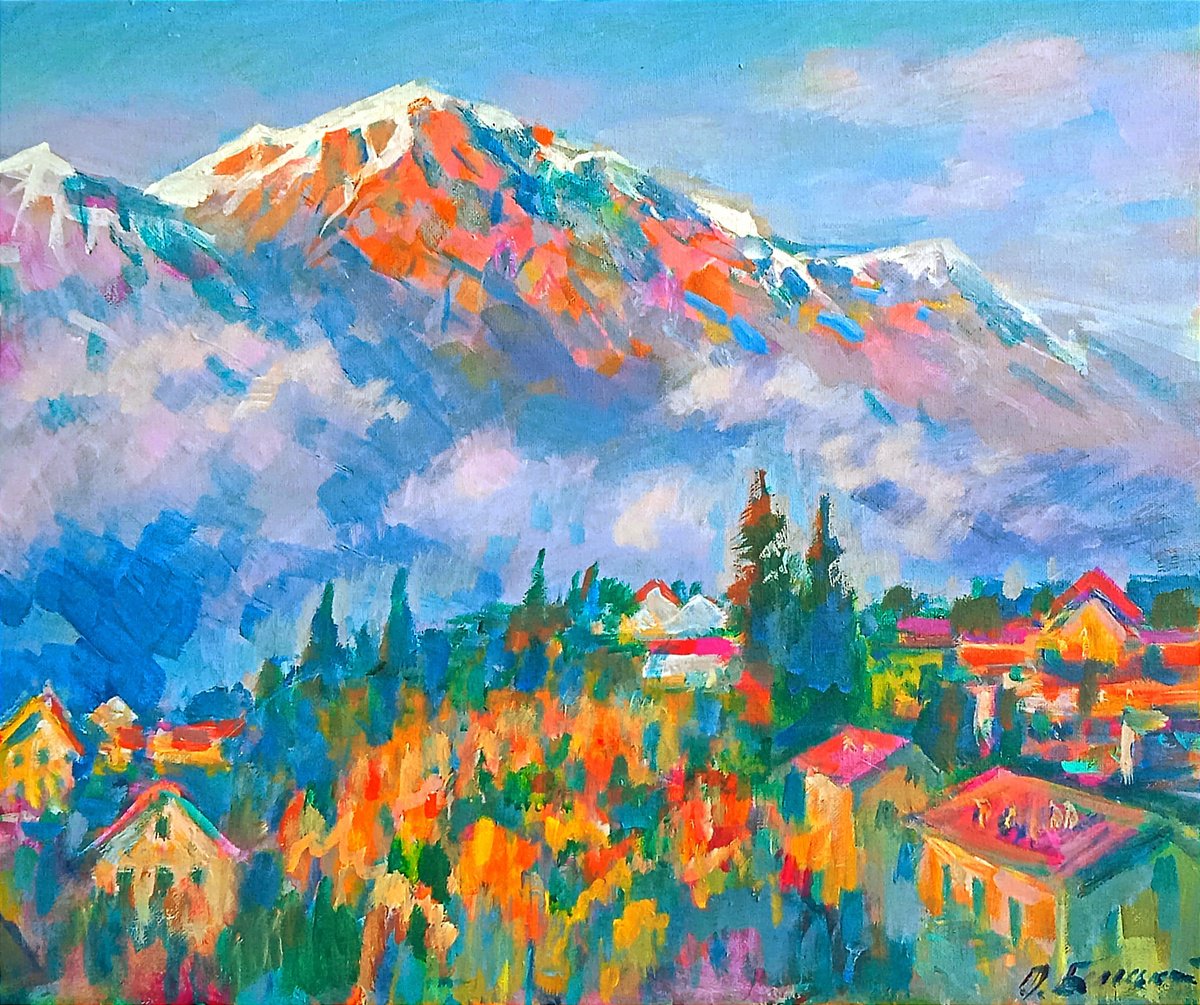 Impressionistic Landscape Acrylic Painting By Oleksandr Bielskyi, 20 X 16", Evening In Bad Ragaz, Original Artwork
