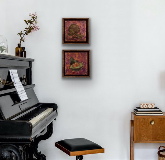 Diptych of small oil paintings with artichoke and avocado