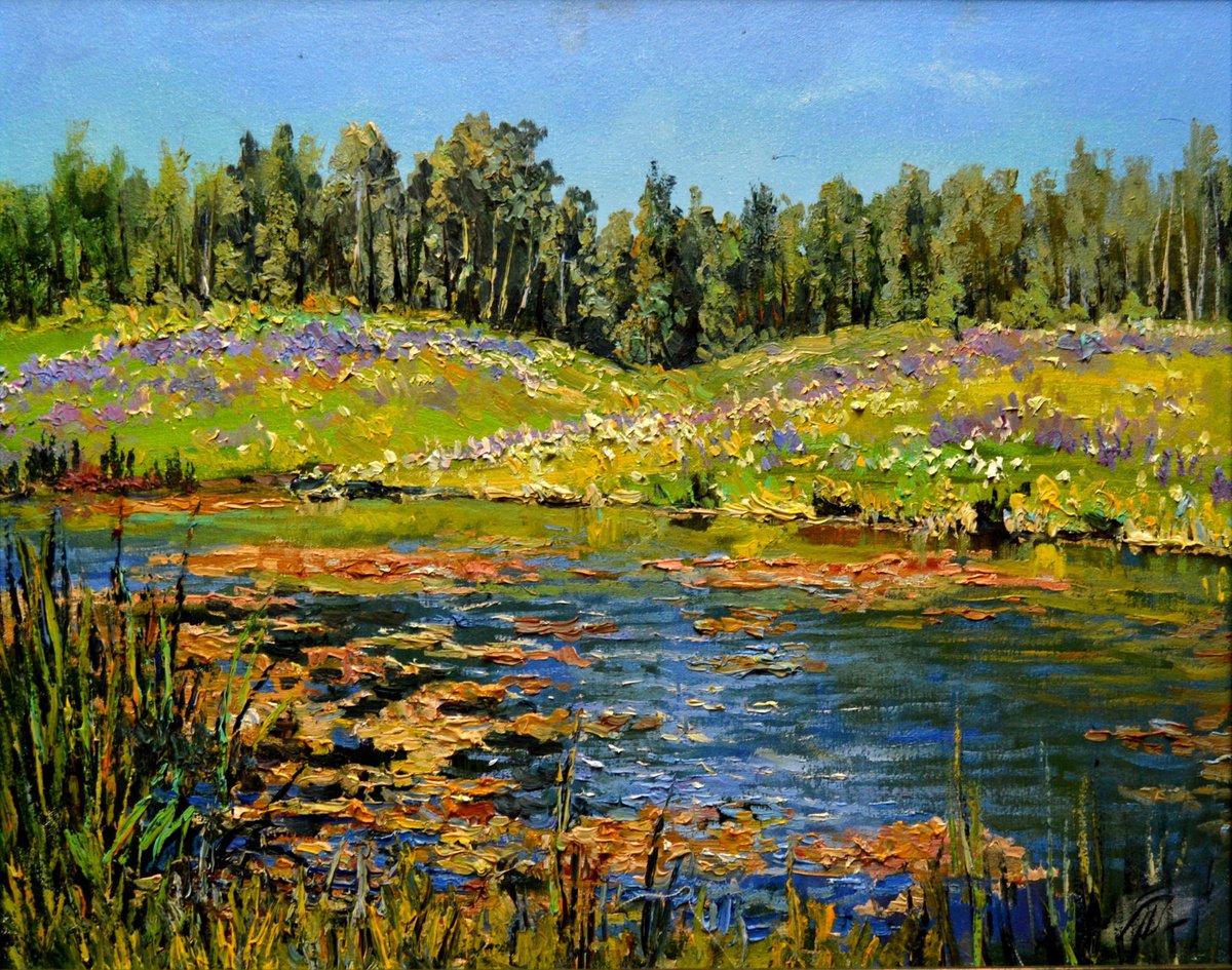 Overgrown pond. Scenic landscape oil painting by Dmitry Revyakin