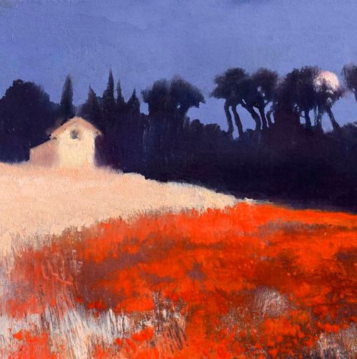 Moonrise over the poppy field-Provence by John O'Grady