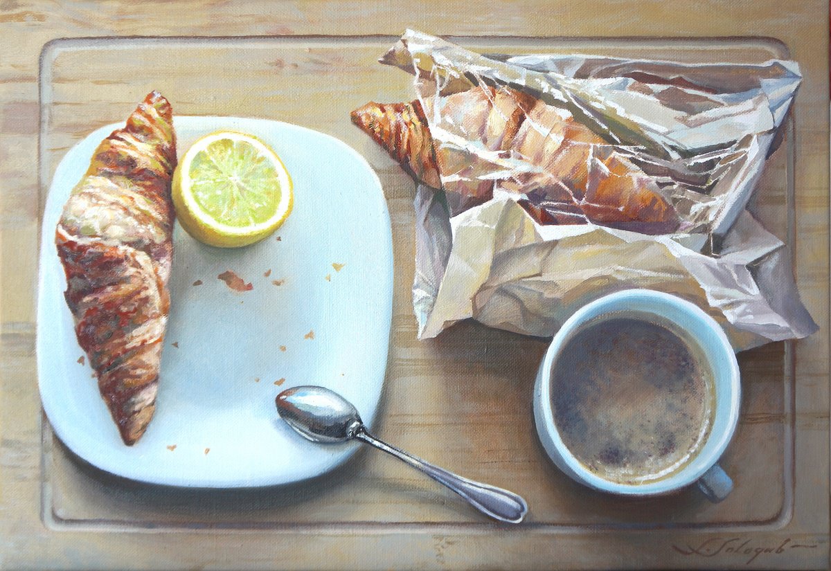 Photorealistic Still Life Oil Painting By Sergej Sologub, 22 X 15", Still Life With Croissants, Original Artwork