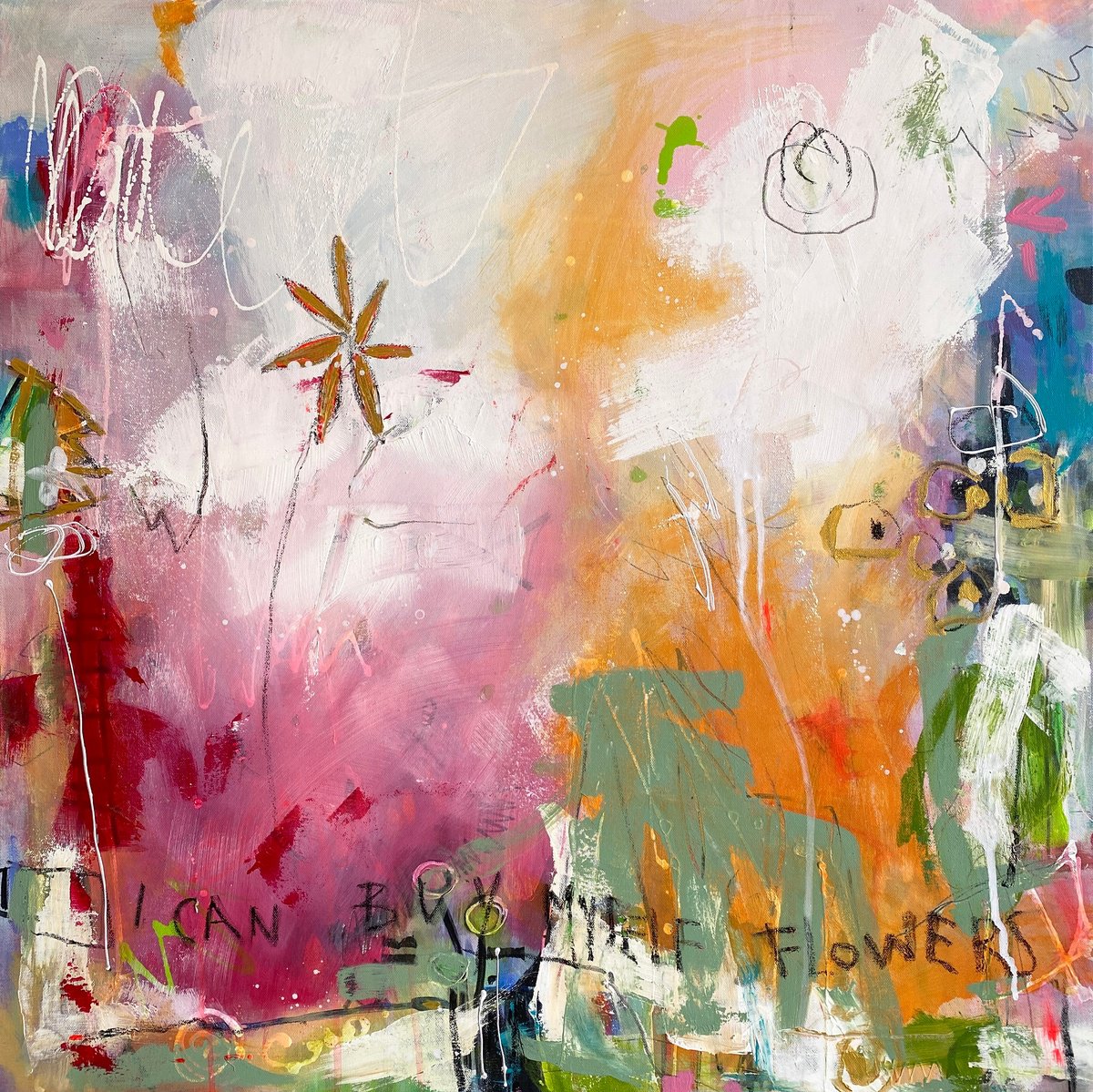 Organic Abstract Acrylic Painting By Bea Schubert, 31 X 31, I Can Buy Myself Flowers, Original Artwork