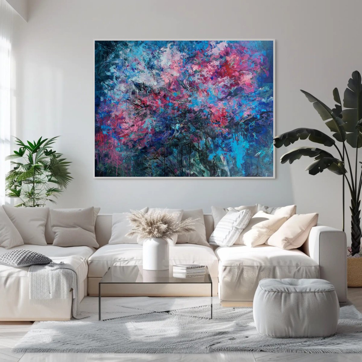 Abstract Botanical Acrylic Painting By Katia Solodka, 47 X 39", Blue Garden 2, Original Artwork