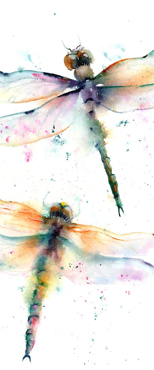 Green Dragonflies - Original watercolor painting by Olga Tchefranov (Shefranov)