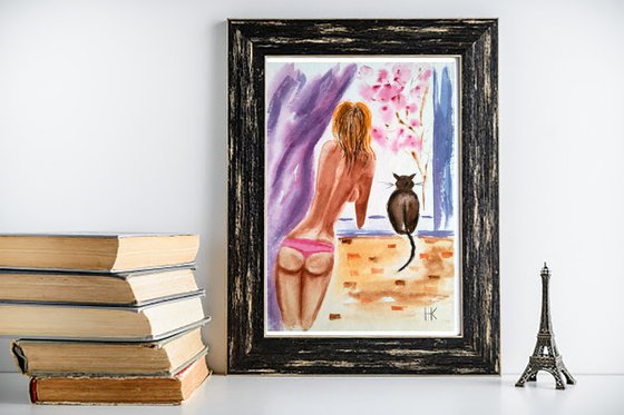 Quarantine Painting Original Watercolor Artwork Woman and Cat Isolation Small Wall Decor