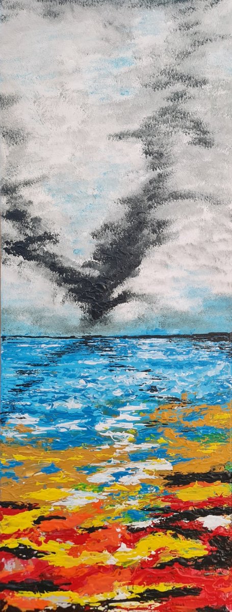 Abstract Landscape Acrylic Painting By Daniel Urbani?k, 12 X 31, Burning Seascape, Original Artwork