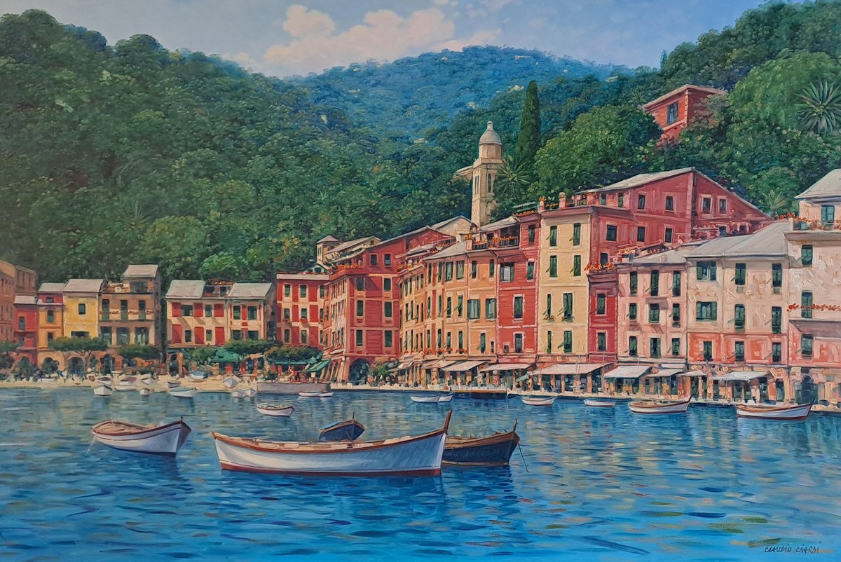 Impressionistic Cityscapes Oil Painting By Claudio Ciardi, 59 X 39, Portofino From The Sea, Original Artwork