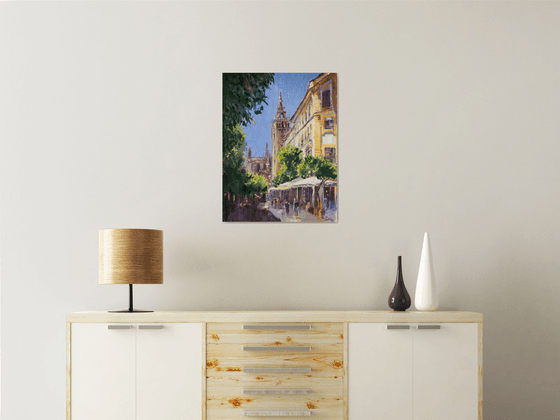 Sevilla. VIEW OF GIRALDA IN SUNNY DAY. ORIGINAL oil painting. contrast BRIGHT CITY URBAN LANDSCAPE VIEW SUN LIGHT