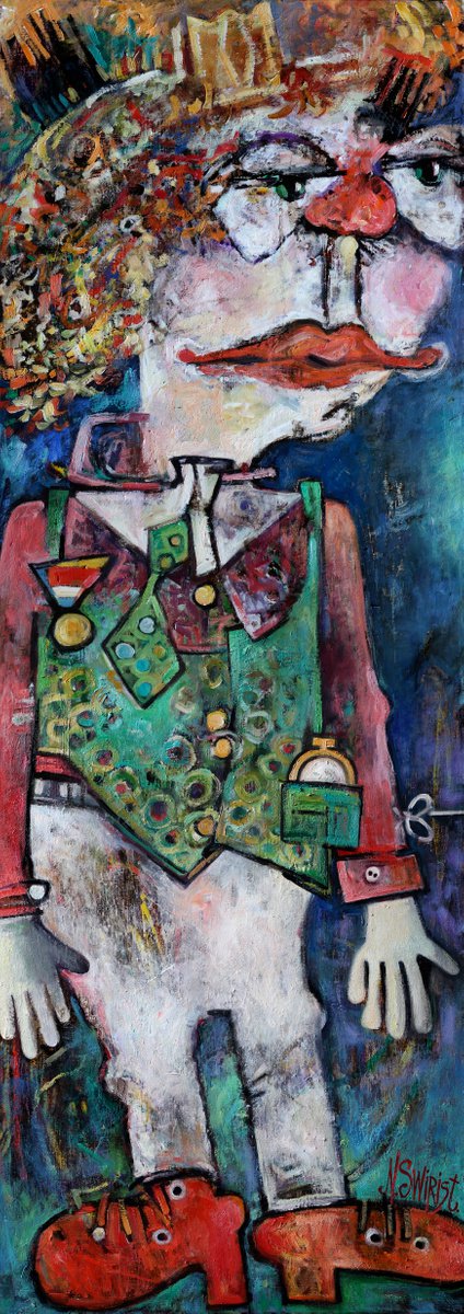 Expressive Portrait Oil Painting By Nikifor Swiristuhin, 20 X 55", Clown 22., Original Artwork