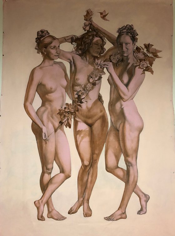 THREE GRACES large oil painting on linen canvas